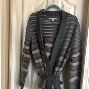 Gray and Purple Striped Cardigan Sweater with Shawl Collar